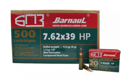 Barnaul 762X39HP123, 7.62x39, 123-Grain Hollow Point, Laquer Coated, Steel Case, Lead Core, 500rd Case - Non Corrosive