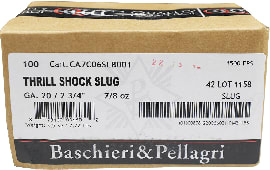 Baschieri & Pellagri 20GA  7/8oz Slug - 2 3/4" Shell - Premium Grade, 100 Shell Case