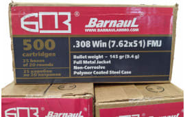 Barnaul .308 Win, 500 Round Case - 145 Grain FMJ Poly-Coated Steel Case - N/C 500 Rounds - BRN308WIN145FMJ