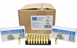 STV Technology Scorpio Ammunition AS9A 9mm Luger 124 GR FMJ, Brass Cased, Boxer Primed, Reloadable - New Production - 1000 Round Case