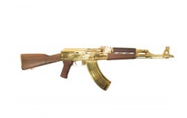 From Ben's Private Collection - Zastava Arms ZPAP M70 Gold Plated 7.62x39 16", 30rd Semi-Auto AK Rifle, Walnut Furniture - Excellent Used Condition. 