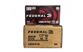 Federal AE9AP100 9MM 124 GR, Brass, Boxer, Reloadable, Full Metal Jacket (FMJ) (5) 100rd Boxes - 500rd Case