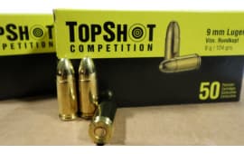 Top Shot 9mm Competition Ammunition By Sellier and Bellot , 124 GR, FMJ, Brass, Boxer, Non-Corrosive. - Premium Grade - 1000 Round Case