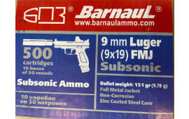 Barnaul 9mm Z-Sub Ammunition - 151 Grain FMJ Sub Sonic Ammo - Zinc Coated Casing - Non-Corrosive, 50 Rounds/Box - 500 Round Case