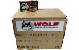 Wolf Performance Ammunition, 1350 Round Case - 9mm Luger - 115 Grain - F.M.J., Copper Washed Cases - Berdan Primed - Non-Corrosive - 9BIMETAL1350