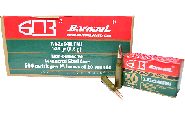 Barnaul 7.62X54R - 148 Grain FMJ Ammo - Steel Lacquered Case - 20 Rounds/Box - 500 Round Case