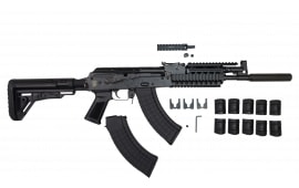 Pioneer Arms GROM Series Semi-Automatic 7.62x39mm AK-47 Style Rifle with Quad Rail Handguard & Telescopic Buttstock, Faux Suppressor, & 30 Round Magazine - POL-AK-GROM-FT-TS-R