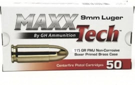 MaxxTech 9mm 115gr FMJ Brass Cased, Non-Corrosive, Boxer Primed, Fully-Reloadable - 50rd Box - PTGB9MMB