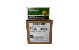 Remington UMC Ammunition 9mm Luger 115 Grain Full Metal Jacket (FMJ), Brass, Boxer, Reloadable, Non-Corrosive - 500 Round Case - Mfg# 23728