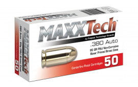 MaxxTech 380 ACP 95gr FMJ Brass Cased, Non-Corrosive, Boxer Primed, Fully-Reloadable - 50rd Box - PTGB380B 