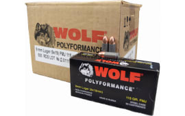 Wolf Performance Ammunition 9mm, Case, 115 GR FMJ , Non-Corrosive - 500 Rounds