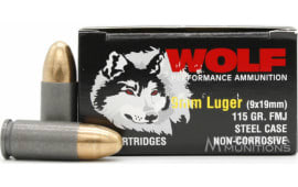 Wolf Performance 9mm 900 Round Tin - 115 GR FMJ Ammo - Coated Steel Cases, Berdan Primed, Non-Corrosive - 18-50 Rd Boxes in 900 Rd Sealed Tin