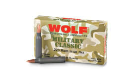Wolf Military Classic .223 Performance Ammunition,Steel Case, .55 GR, FMJ - Non-Corrosive - 500 Round Case