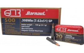 Barnaul .308 Winchester - 140 Grain Soft Point Ammo - Steel Polycoat Casing - 20 Rounds/Box - 500 Round Case