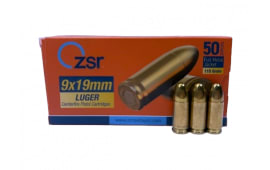 ZSR 9MM Ammunition, Brass Cased, Boxer Primed,Nato Spec, Reloadable, Non-Corrosive, 115 Grain FMJ - 50 Rd Box