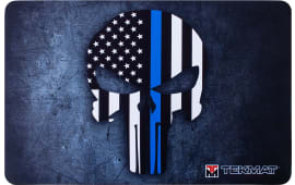 TekMat TEKR17PUNISHERBL Punisher Blue Line Cleaning Mat 17"x11" Black/White/Blue Thermoplastic Fiber Top w/Vulcanized Rubber Back/ Blue Line Punisher Skull Illustration