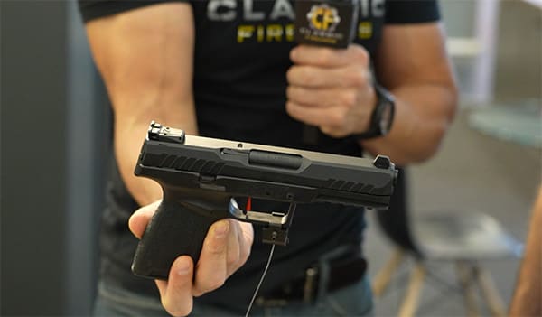 A closeup of the Tisas PX-5.7 pistol