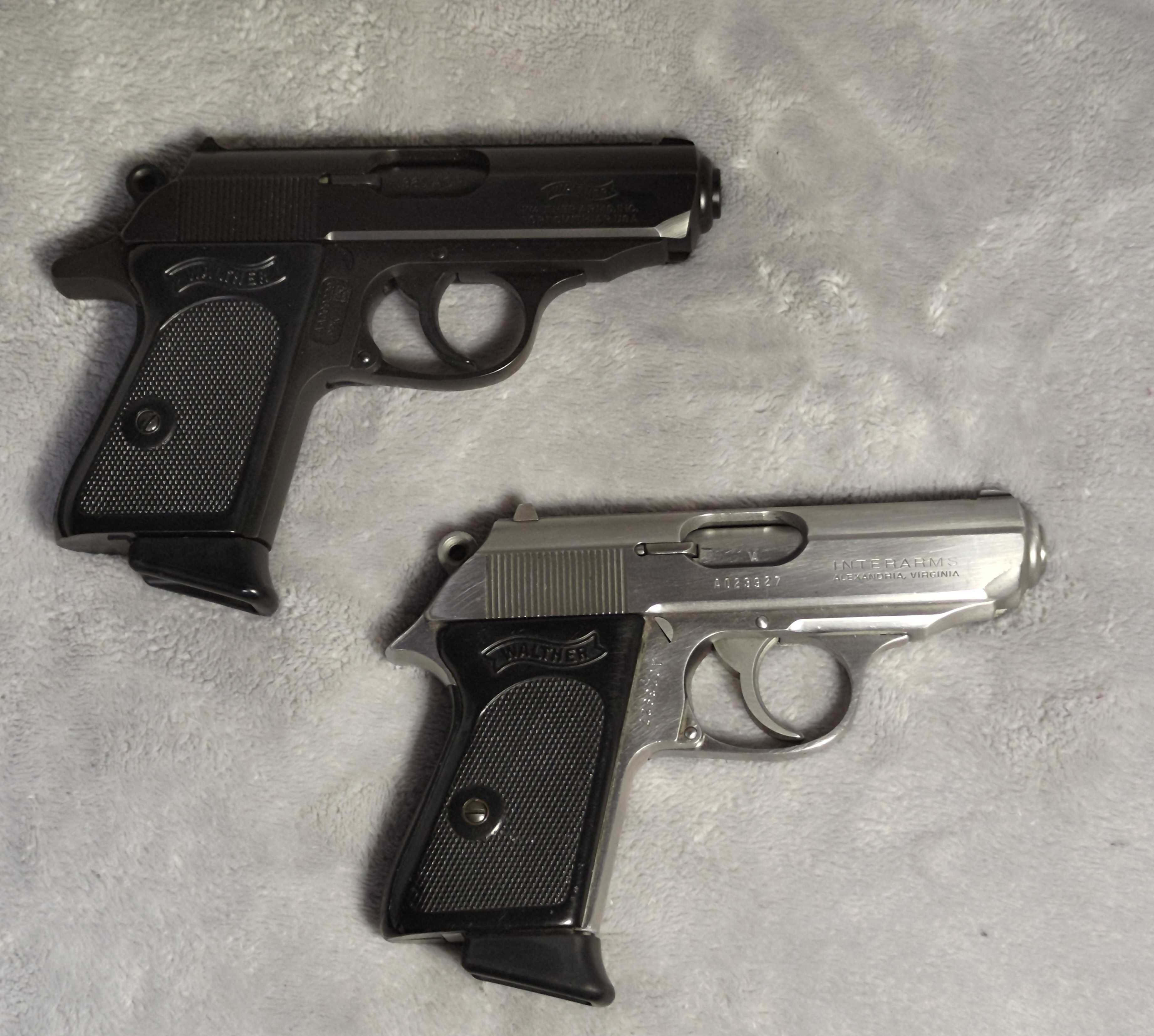 A black Walther PPK (top) and a stainless version produced by Interarms (bottom)